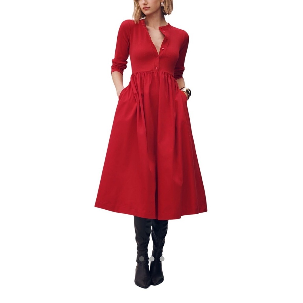 Red 2026 Midi Shirt Dress Anthropologie Long Sleeve Ribbed Knit With Pocket